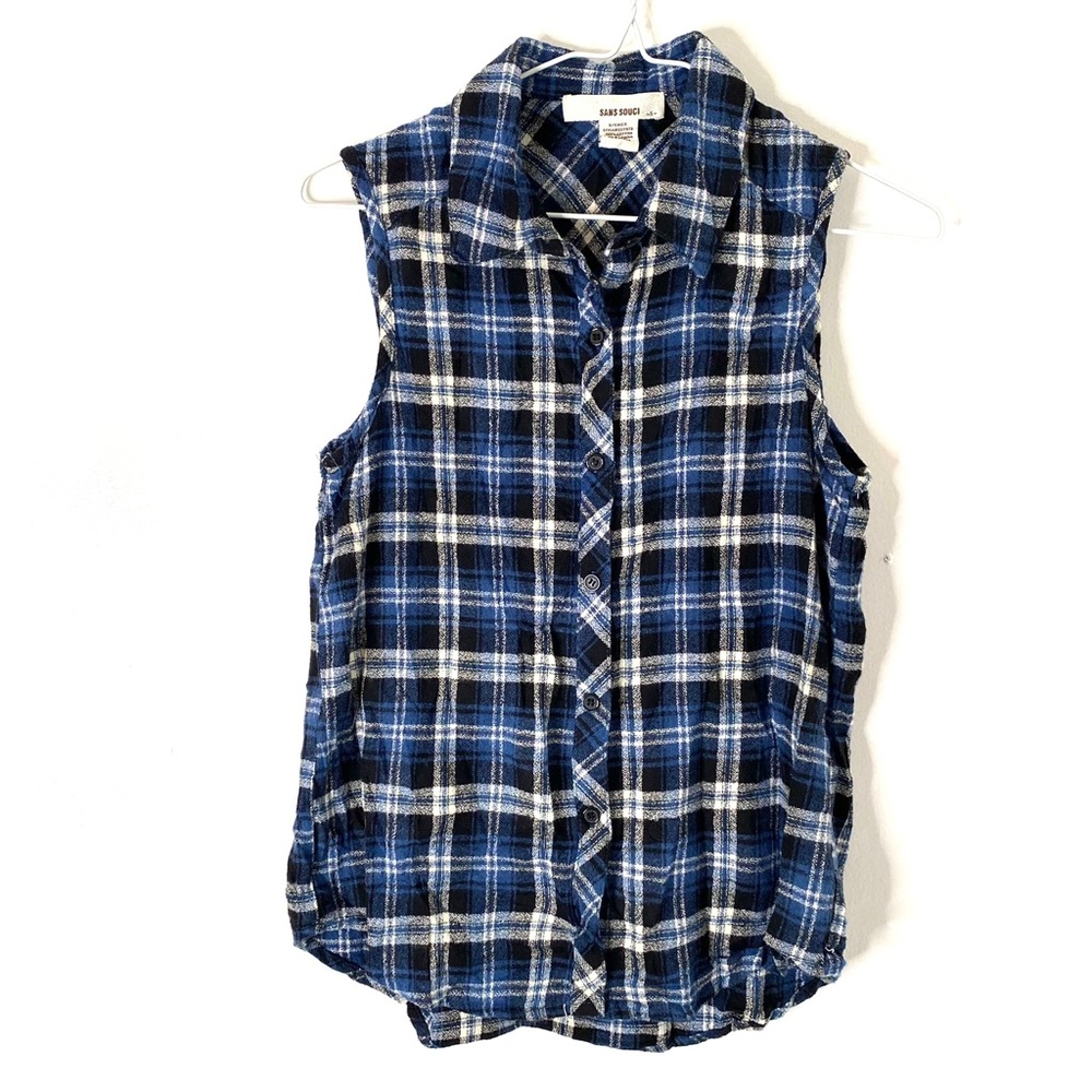Sans Souci Blue Black White Plaid Cotton Sleeveless Button Top